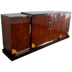 Art Deco Sideboard, Walnut Roots, Green Marble, Southern France, circa 1930