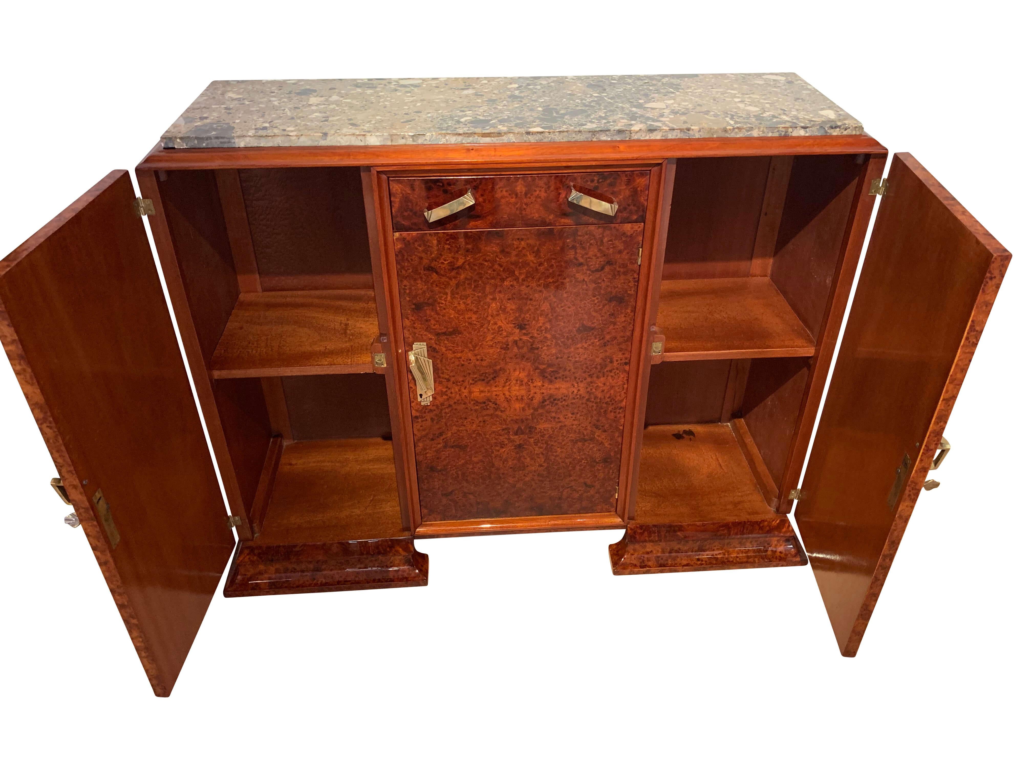 French Art Deco Sideboard, Walnut Roots Veneer, Marble, Brass, France, circa 1930