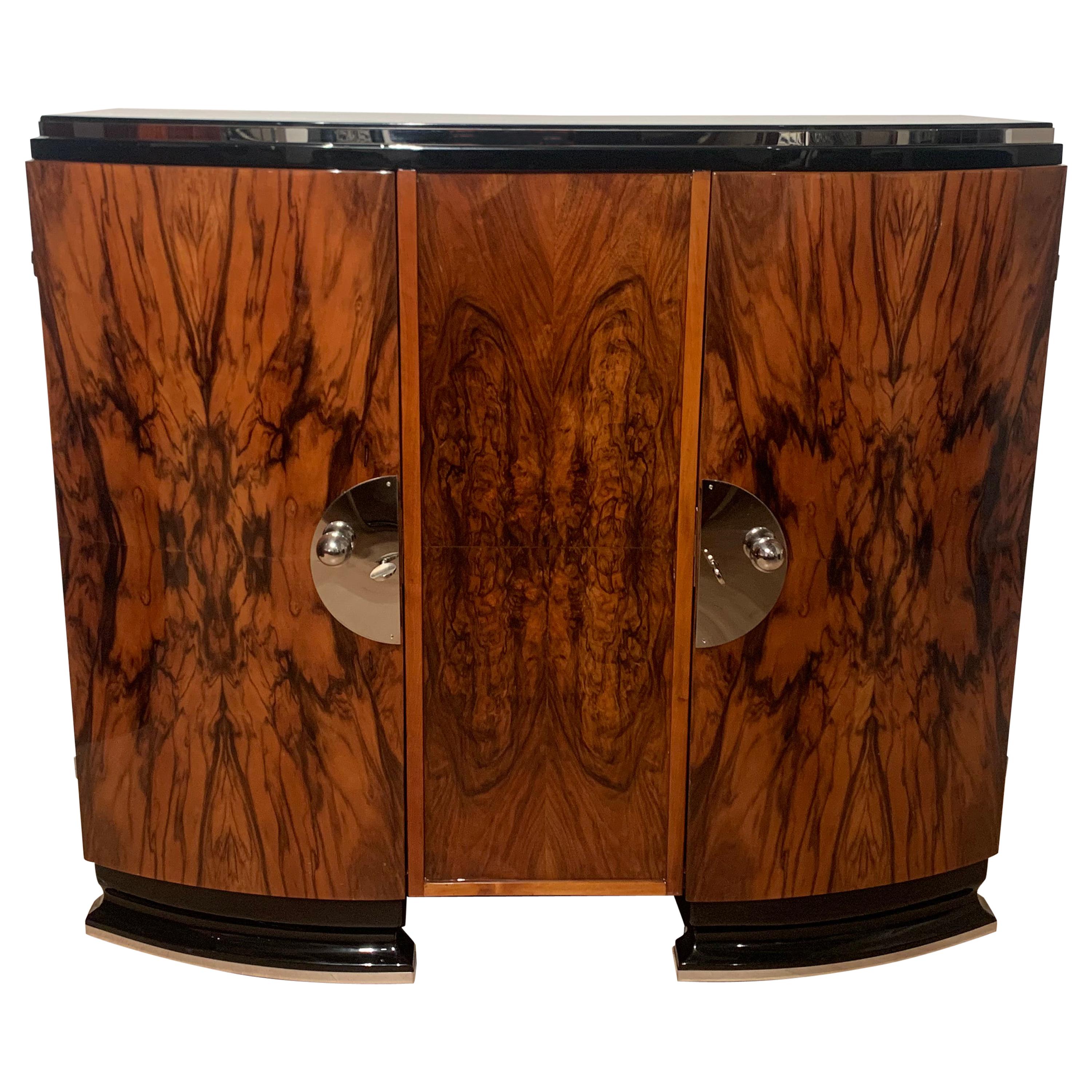 Small Art Deco Sideboard, Walnut Veneer, Chrome and Black Parts, France, 1930s