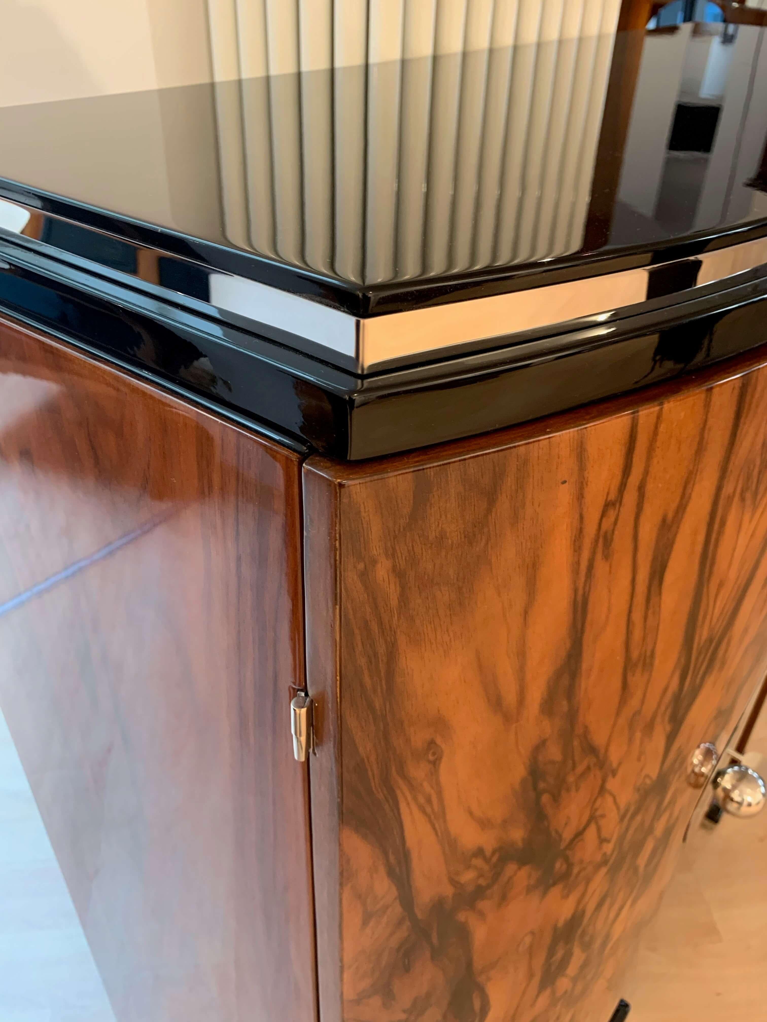 Small Art Deco Sideboard, Walnut Veneer, Chrome and Black Parts, France, 1930s 5