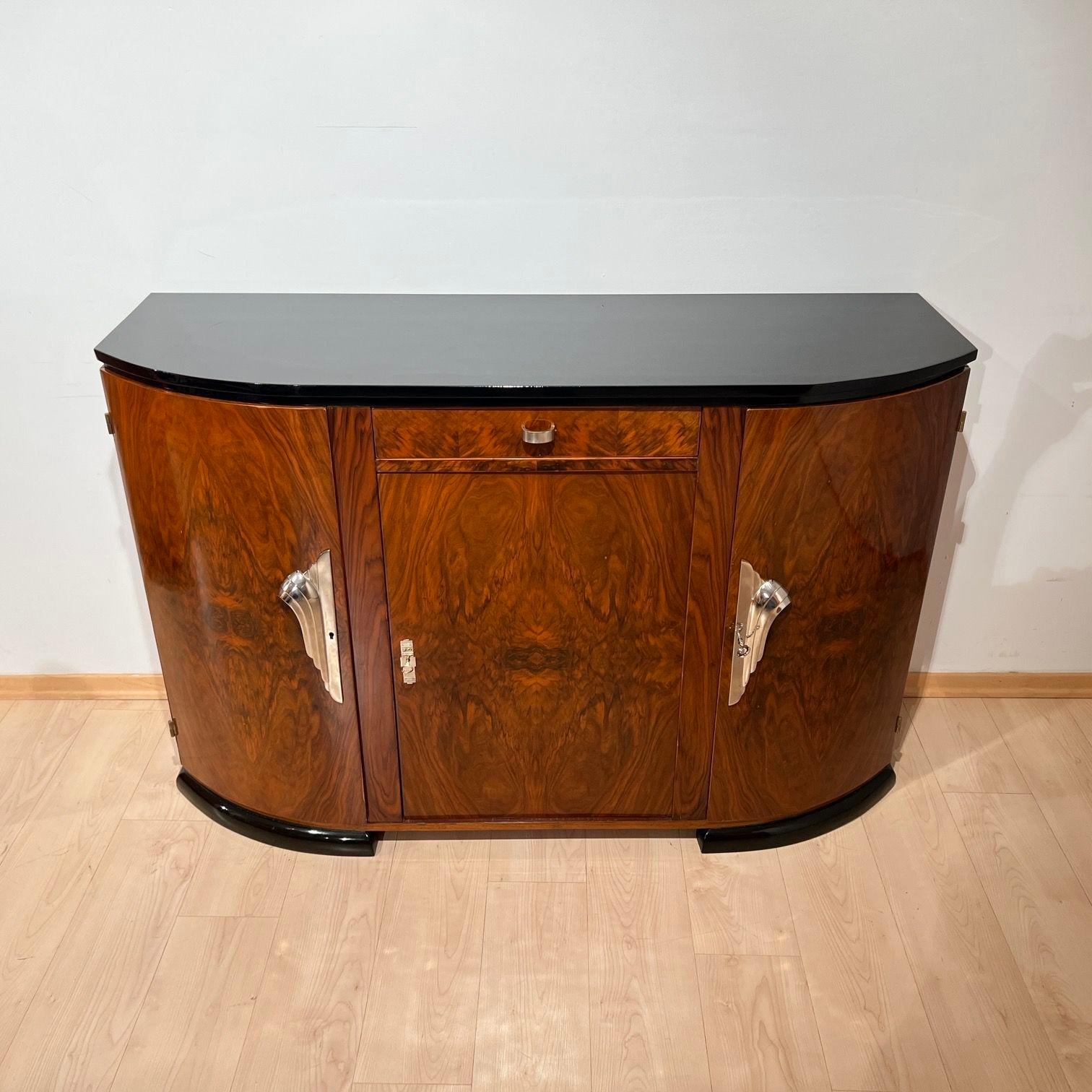 French Art Deco Sideboard, Walnut Veneer, Black Lacquer, Nickel, France circa 1930 For Sale
