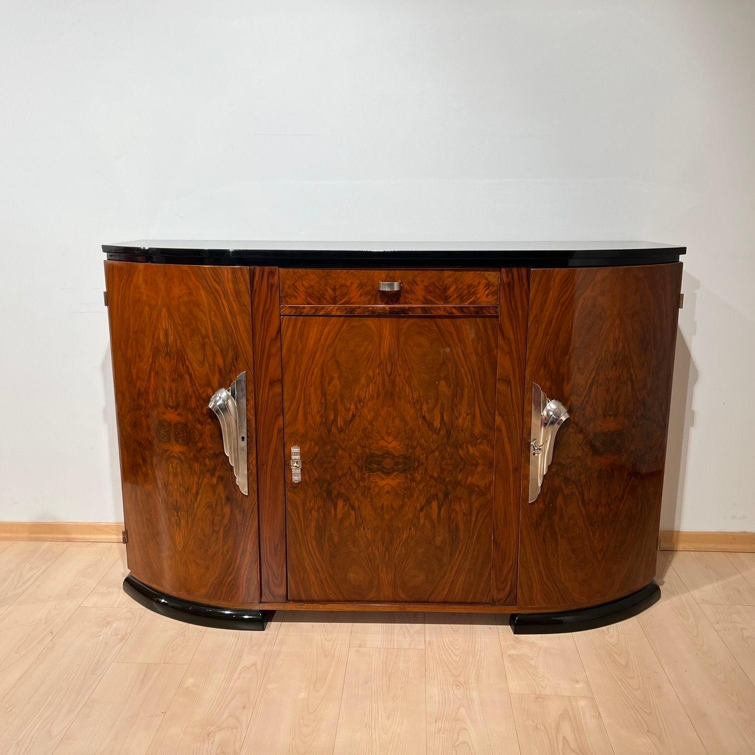 Lacquered Art Deco Sideboard, Walnut Veneer, Black Lacquer, Nickel, France circa 1930 For Sale