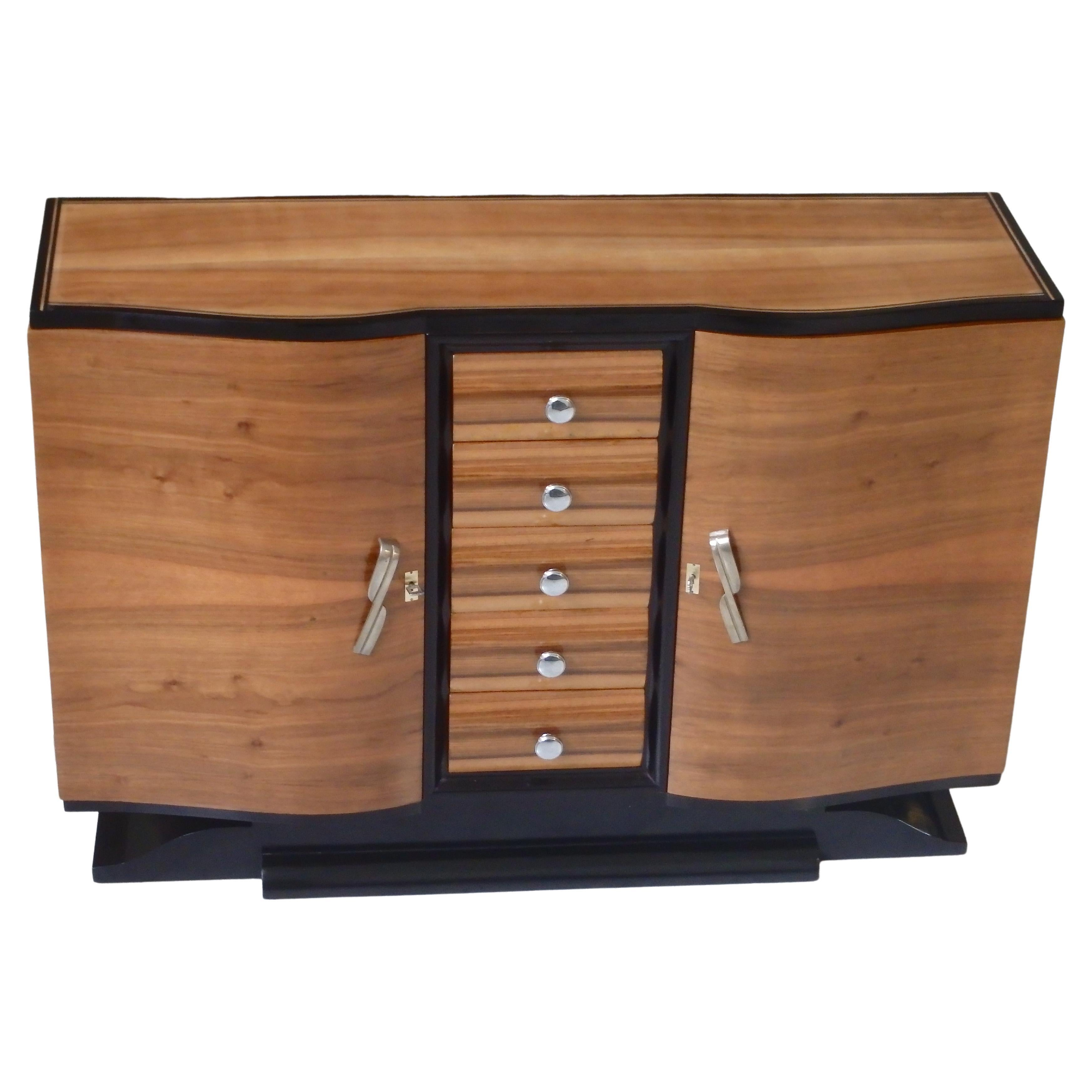 Art Deco Sideboard with 5 Drawers Rounded Doors Chrome Handles Mustache Foot For Sale