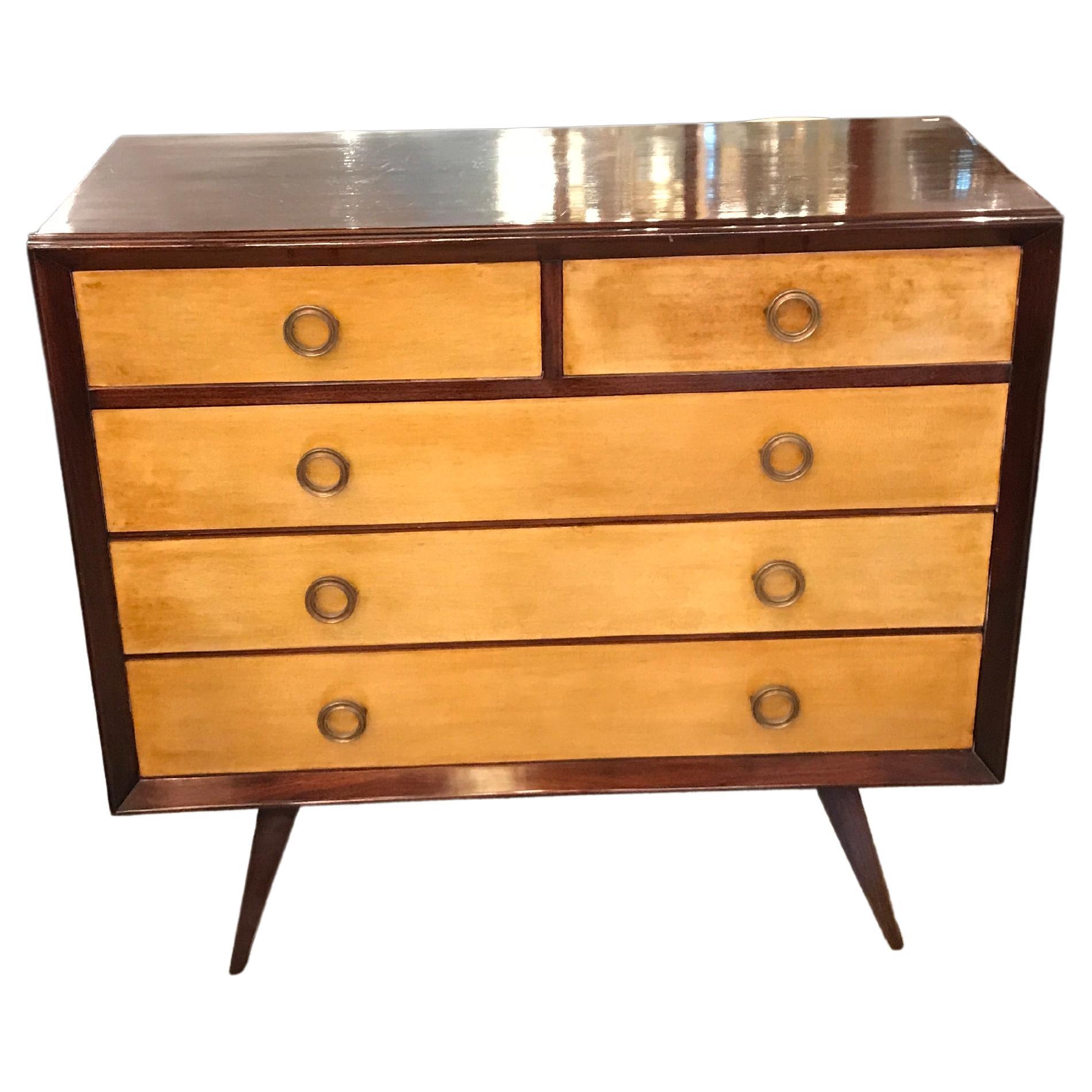 Art Deco Sideboard with Drawers in Wood and Parchment, 1960 For Sale