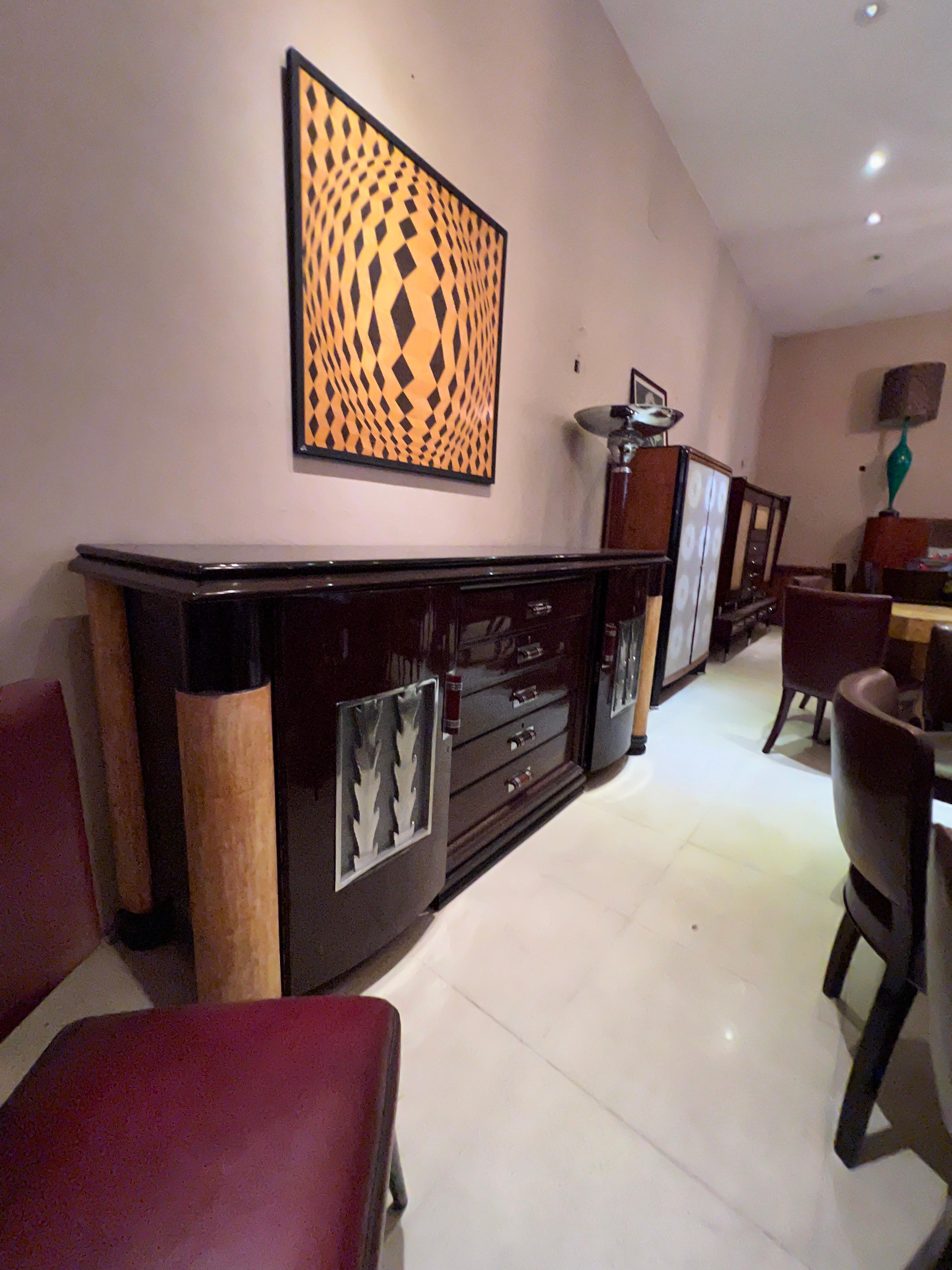 Art Deco Sideboard with Drawers in Wood, Parchment leather and Bronze Chromed For Sale 3