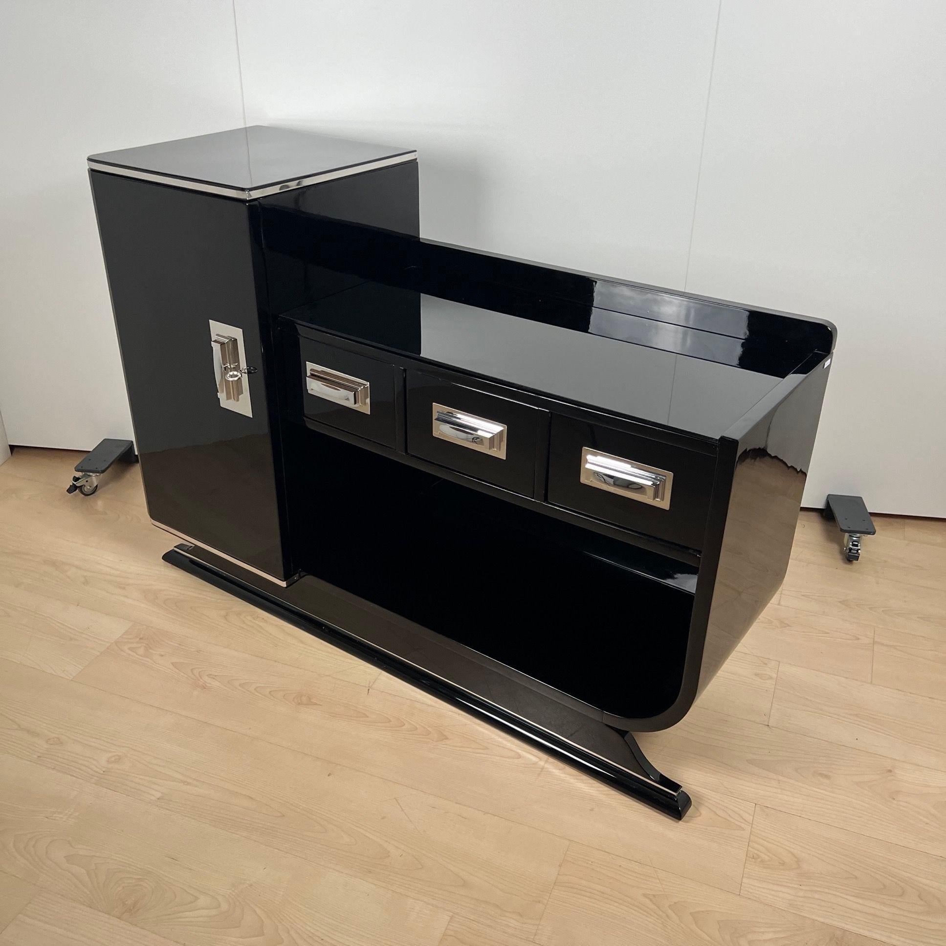 Francese Credenza Art Déco con bar a secco, lacca nera, Francia, circa 1930 in vendita