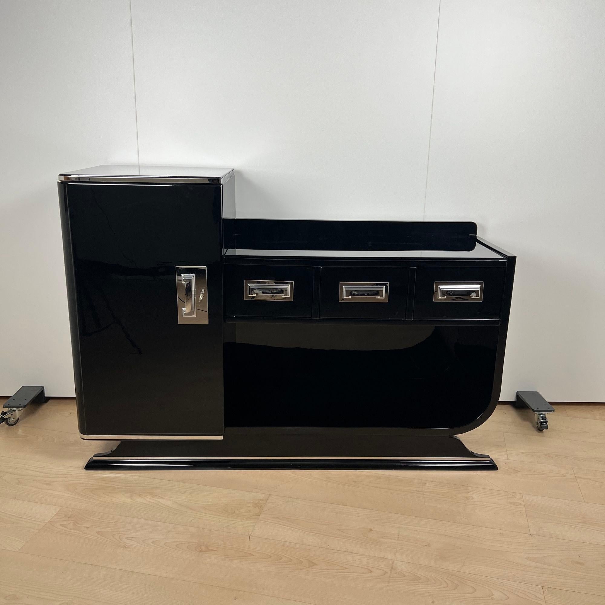 Metà XX secolo Credenza Art Déco con bar a secco, lacca nera, Francia, circa 1930 in vendita