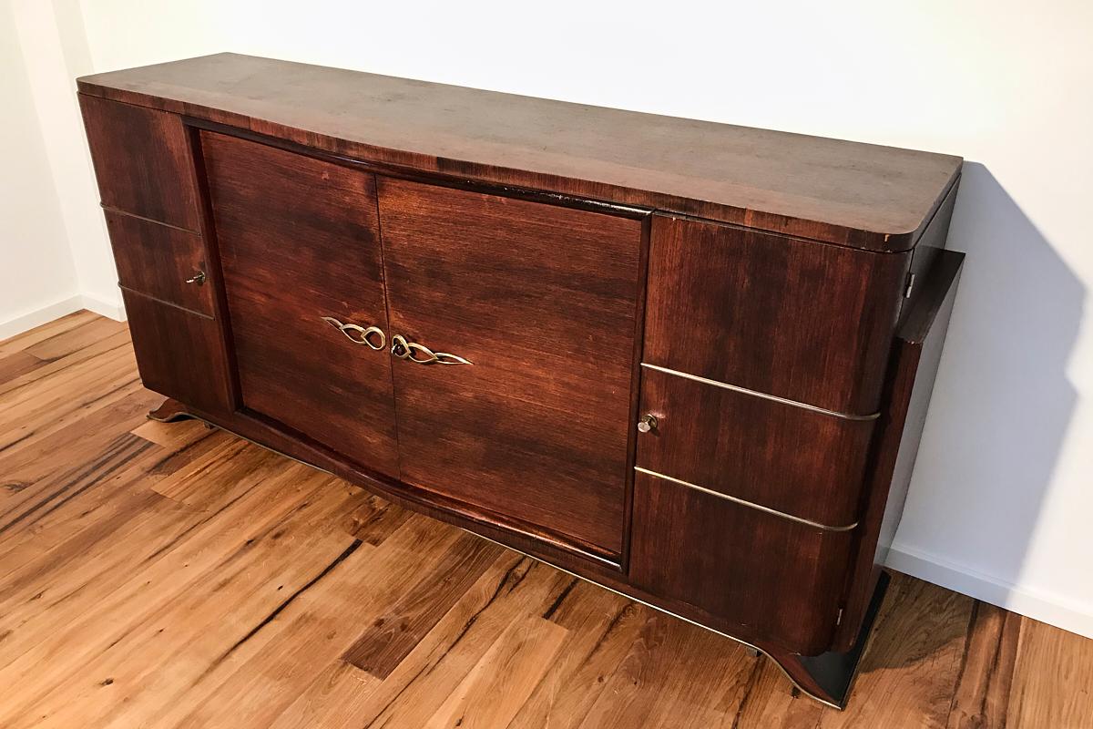 French Art Deco Sideboard with Fine Rosewood Veneer and Brass Strips from Paris, 1925 For Sale