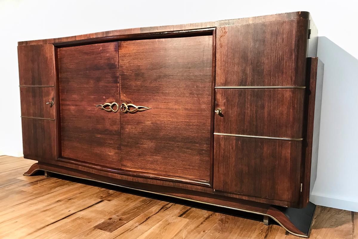 Early 20th Century Art Deco Sideboard with Fine Rosewood Veneer and Brass Strips from Paris, 1925 For Sale