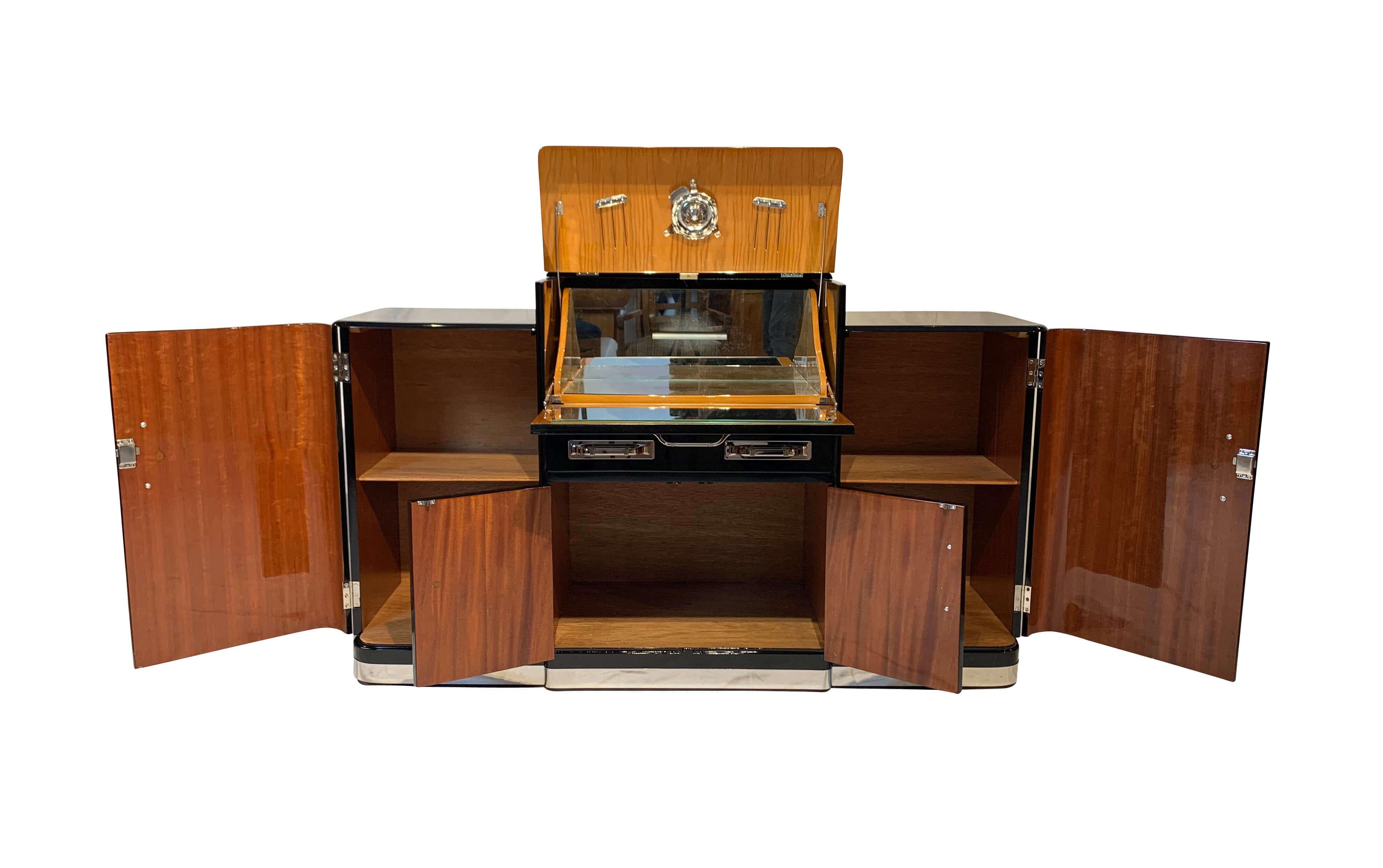 Metal Art Deco Sideboard with Fold-Up Bar, Black Piano Lacquer, England, circa 1930s