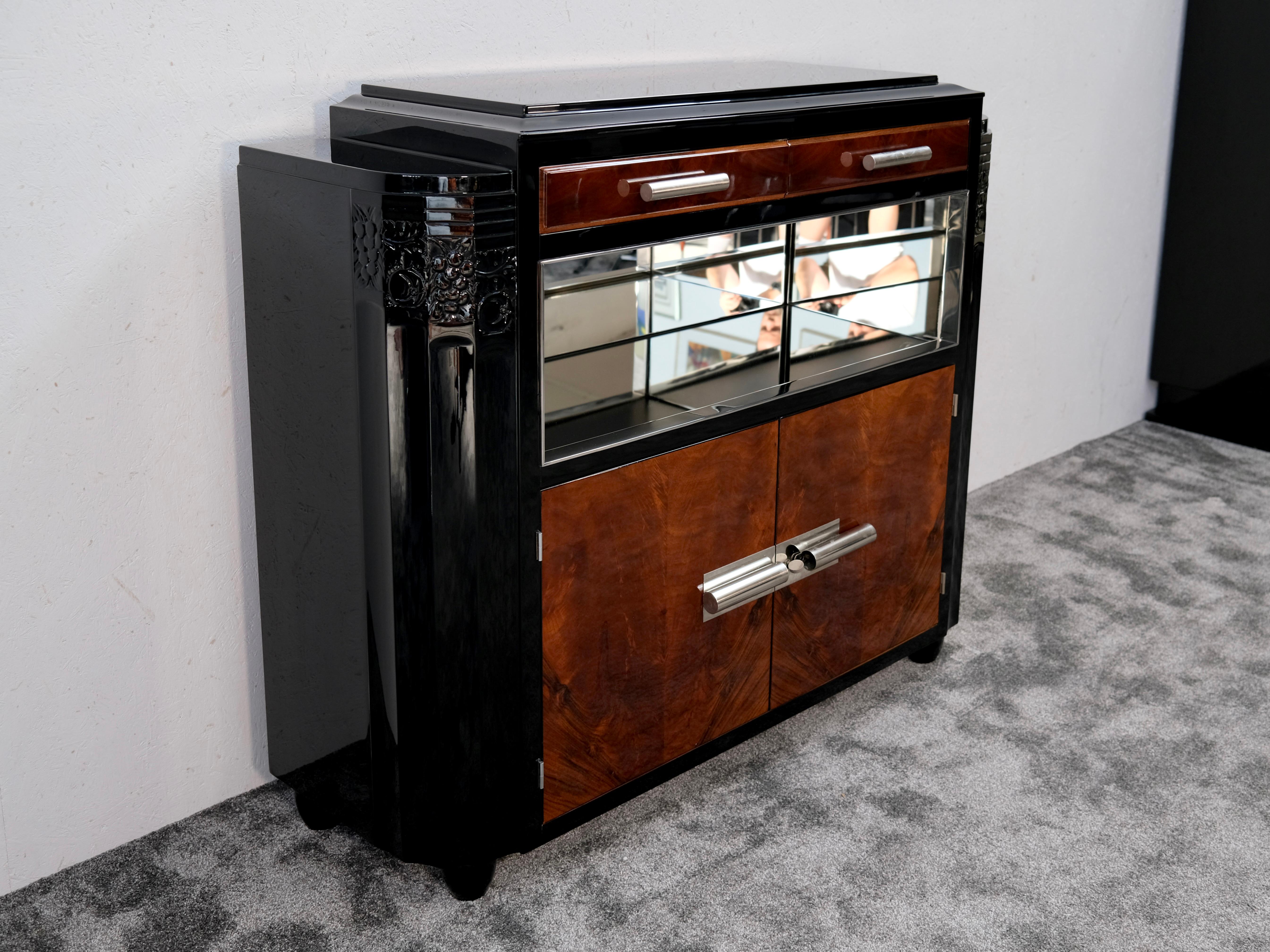Blackened Art Deco Sideboard with Hidden Key in Nut Wood and Black Lacquer, France 1930s For Sale
