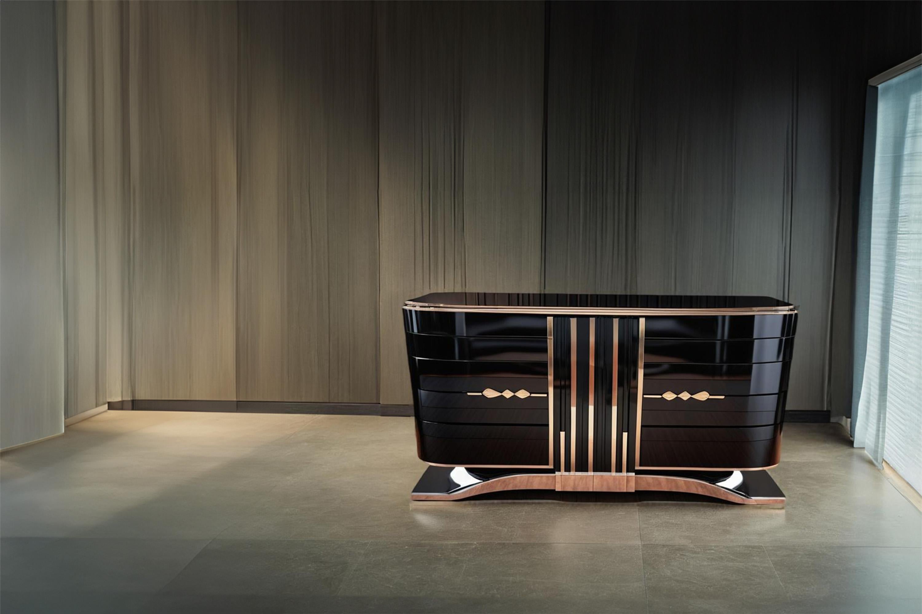 Ce buffet exquis de style Art déco allie l'élégance intemporelle à la fonctionnalité moderne et attire tous les regards dans un intérieur stylé. La surface du buffet a été recouverte d'une laque piano très brillante, ce qui lui confère une qualité