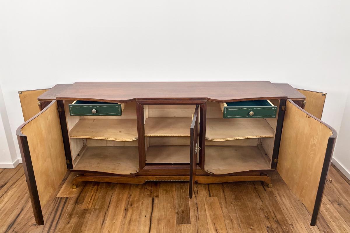 Brass Art Deco Sideboard XXL from Paris with Curved Fronts in Rosewood Around 1920