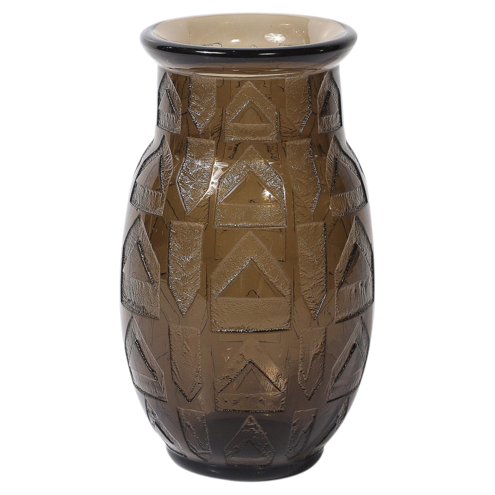 Pre-owned Daum Art Deco Signed Acid-etched Smoked Glass Vase W/ Geometric Motif In Brown
