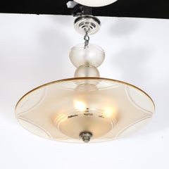 Art Deco Signed Daum Frosted Rose-Hue Saucer-Form Pendant Chandelier