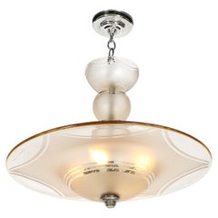 Art Deco Signed Daum Frosted Rose-Hue Saucer-Form Pendant Chandelier