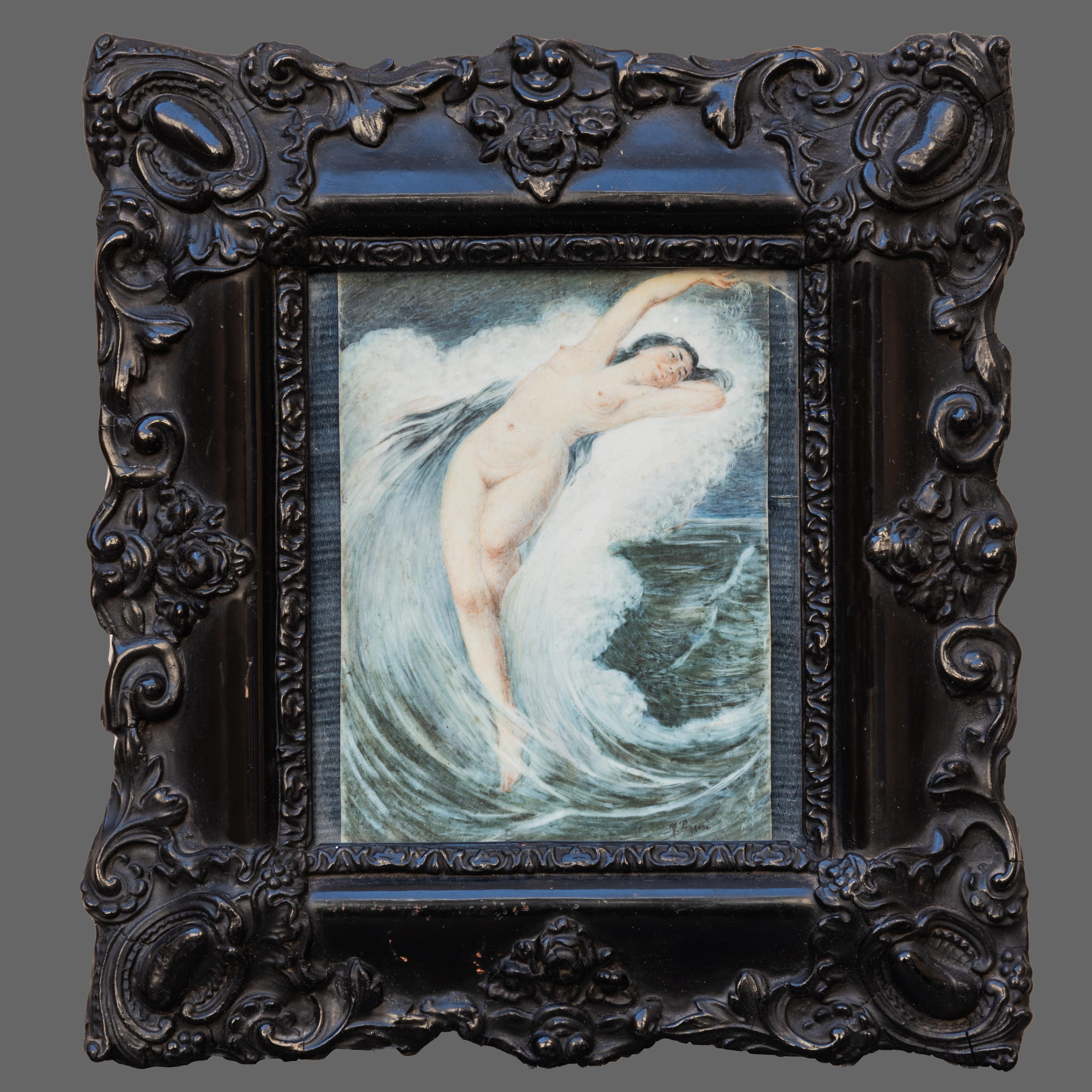 Important miniature representing a beautiful nude of a woman painted in the waves of the sea.
Signed M. Poggesi, Italian artist of the first half of the 19th century.
Elegant handmade ebonised wood frame.
Art Deco period.

Every item of our Gallery,