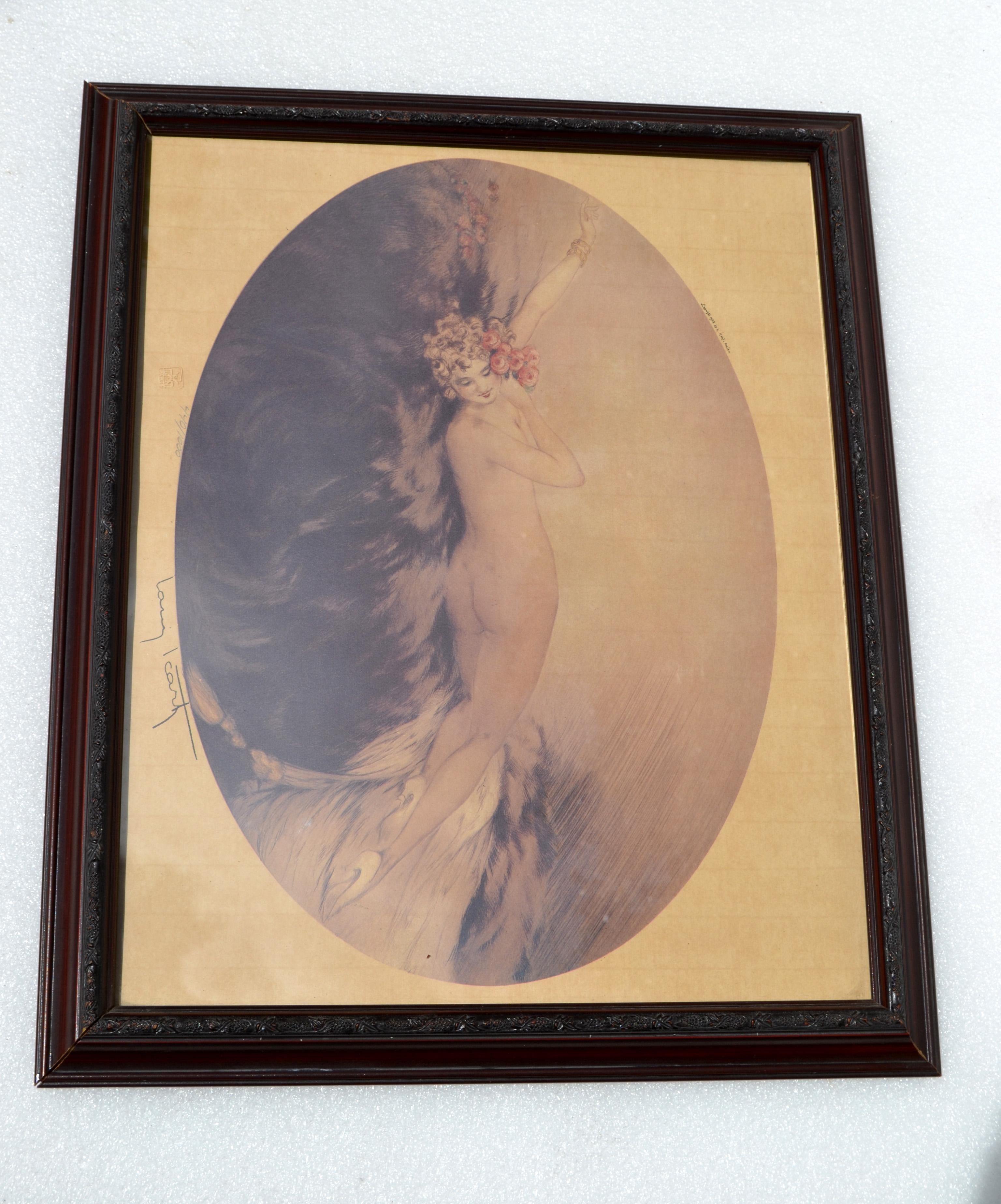 Lithographie encadrée Art Déco signée Louis Icart Paris, gravure d'une femme nue au repos  Bon état - En vente à Miami, FL
