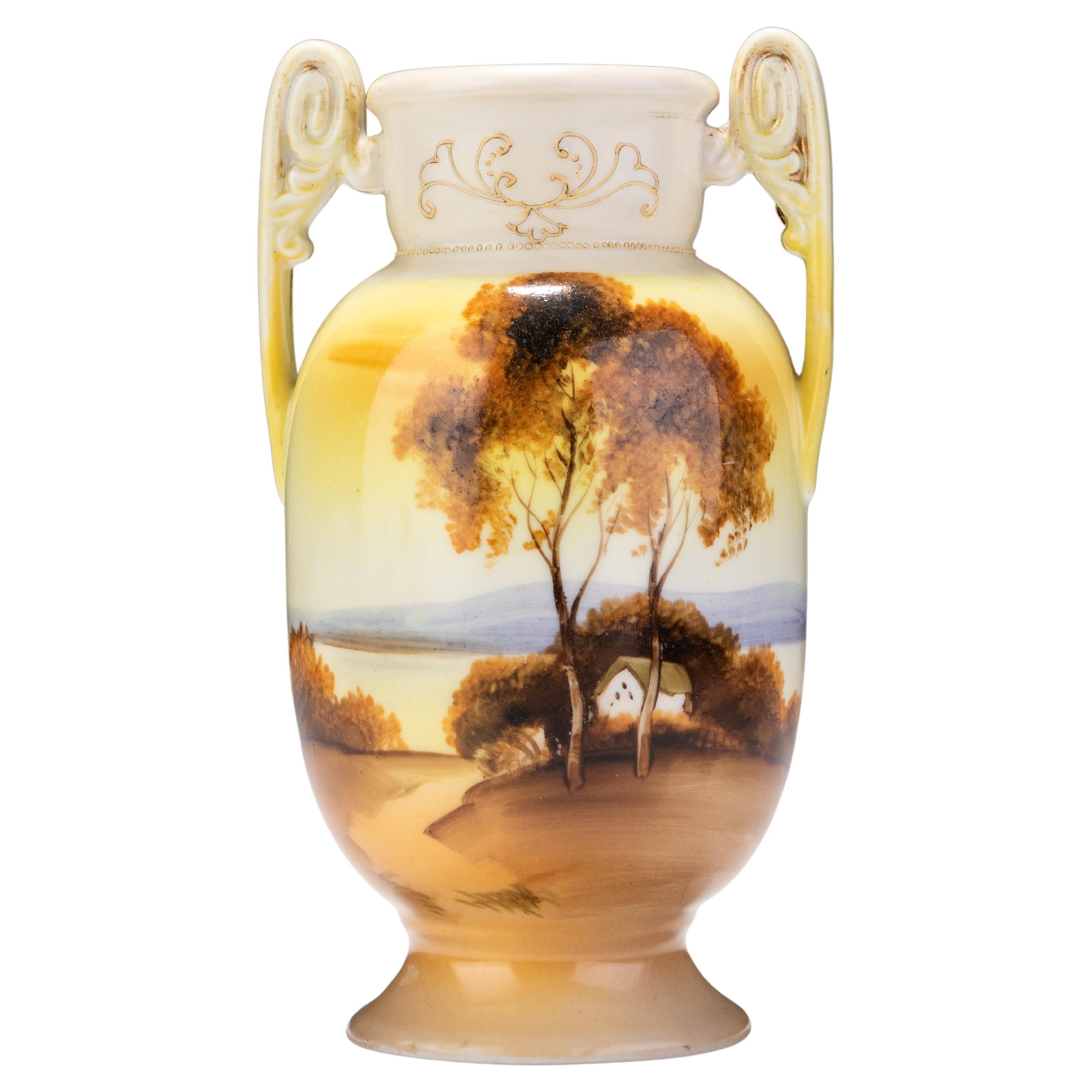 Art Deco Signed Noritake Japanese Porcelain Sunset Landscape Vase For Sale
