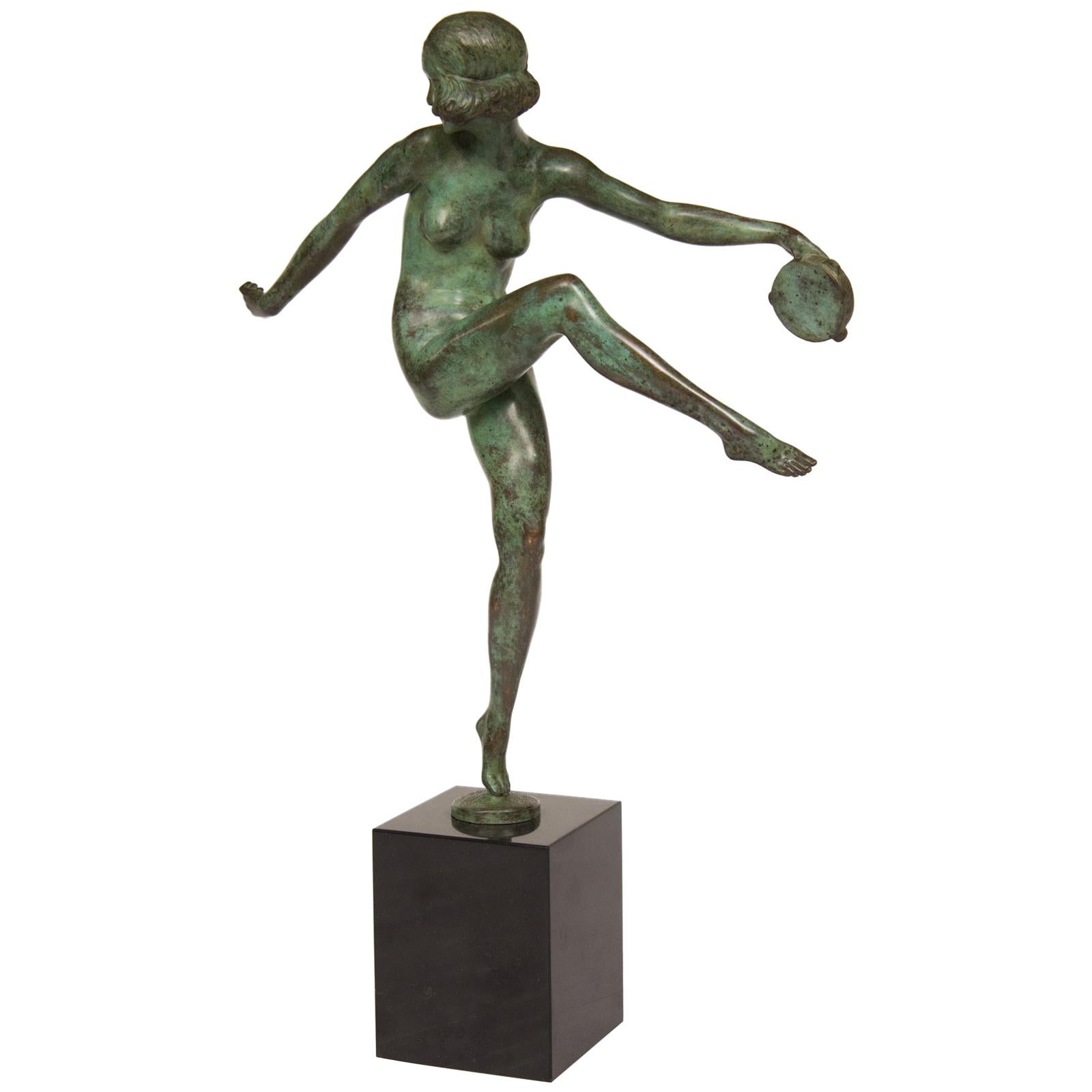 Art Deco Signed Pierre Laurel Bronze Figure of a Tambourine Dancer