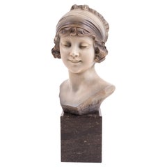 Art Deco Signed Plaster Sculpture Bust on Marble Plinth