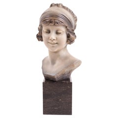 Art Deco Signed Plaster Sculpture Bust on Marble Plinth 