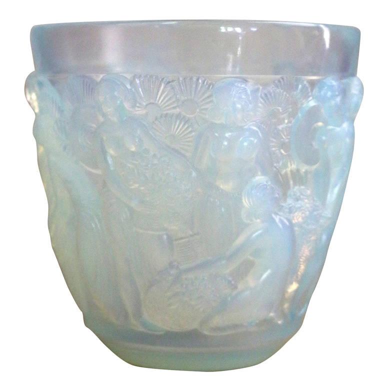 Art Deco Signed Sabino Opalescent Glass Vase of Goddesses in the Lalique Manner For Sale