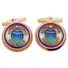 Art Deco Signed Scarab Enameled Diamond 18 Karat Large Gent Cufflinks