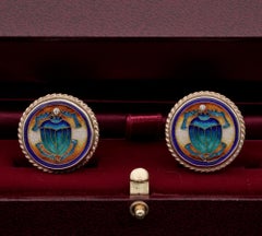 Art Deco Signed Scarab Enameled Diamond 18 Karat Large Gent Cufflinks