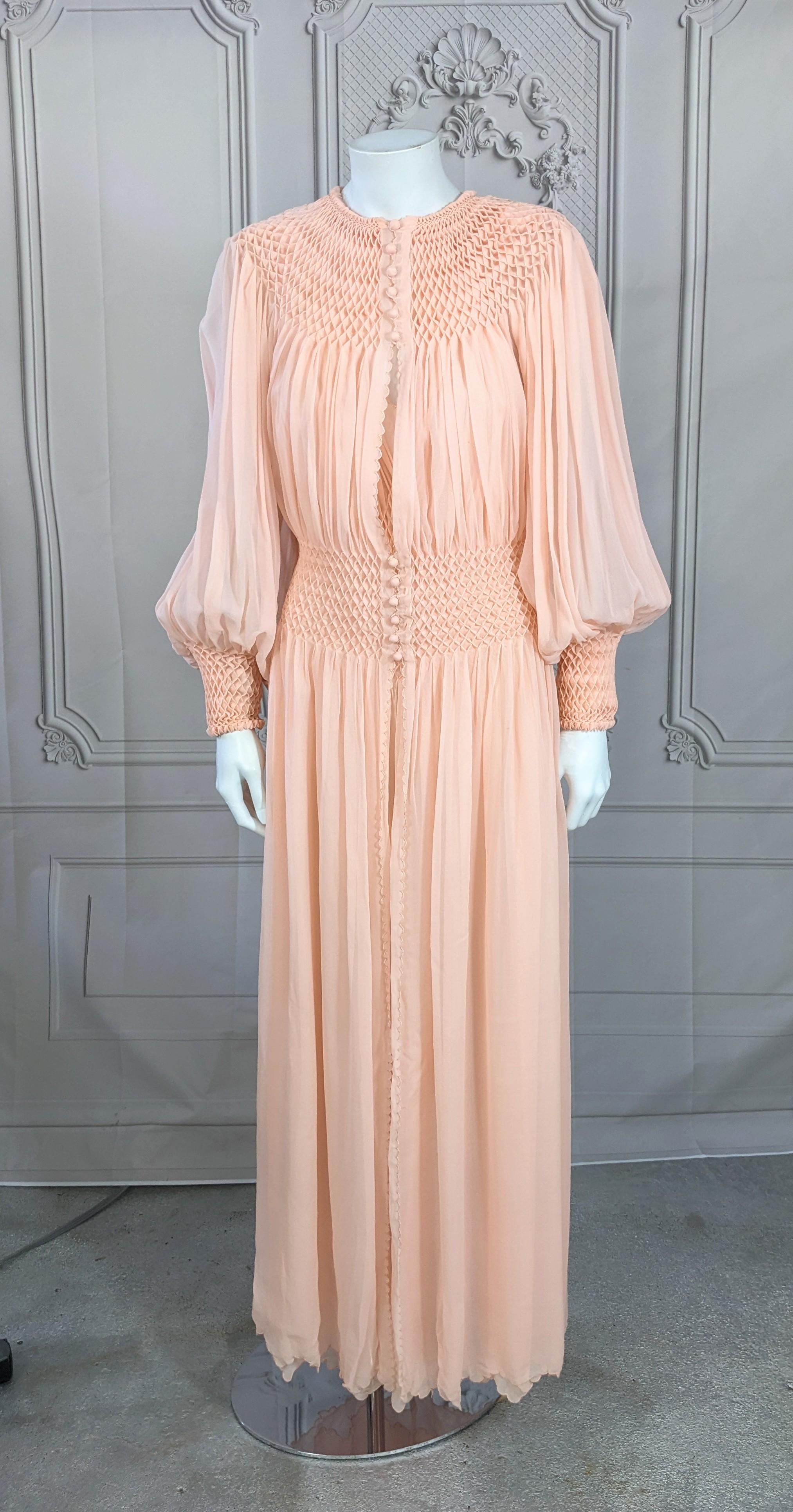 Art Deco Shell Pink Silk Chiffon Smocked Ensemble almost completely handmade of French origin. This ensemble is 95% hand made, with even all the edges hand embroidered with scalloped silk edging. Very difficult to technically construct this garment