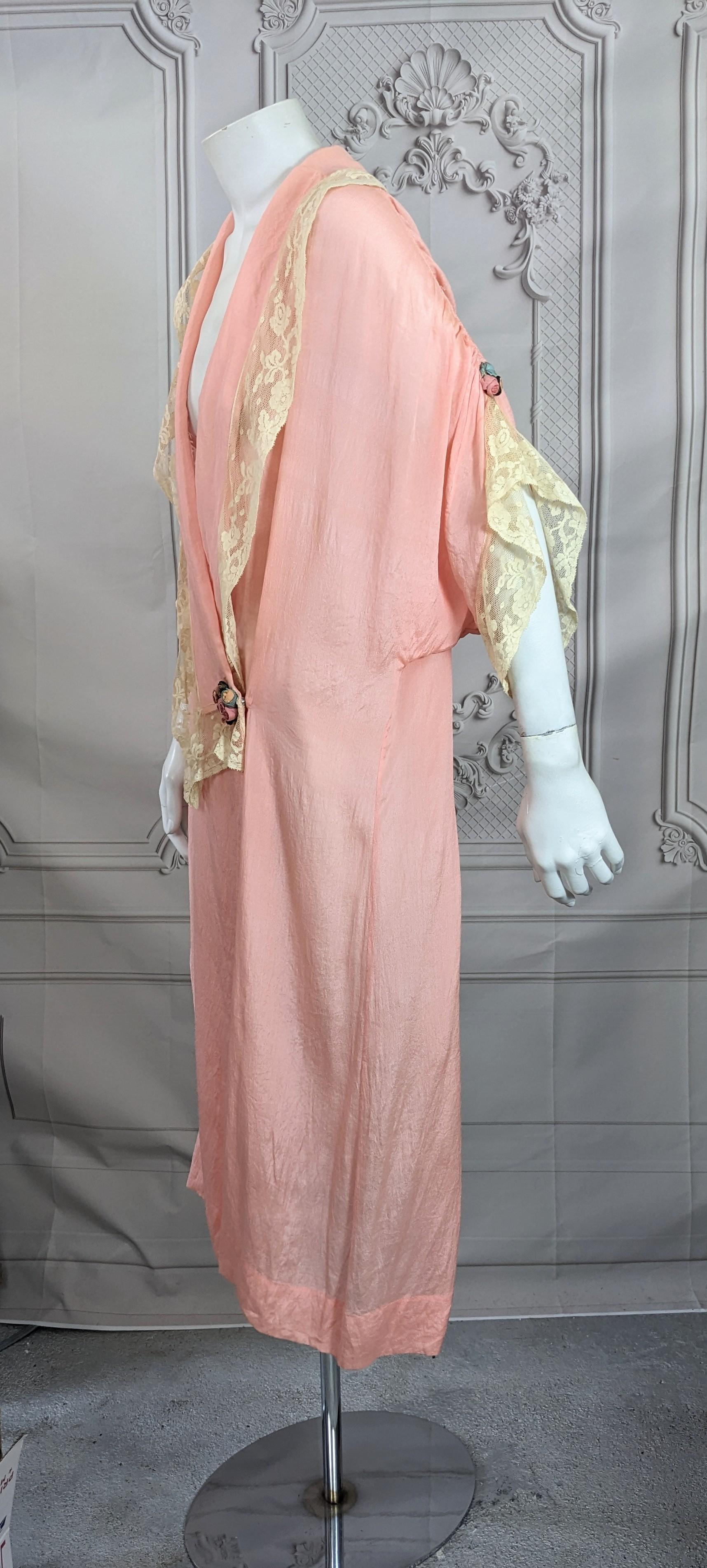 Beige Art Deco Silk Crepe Lace Lounging Robe For Sale