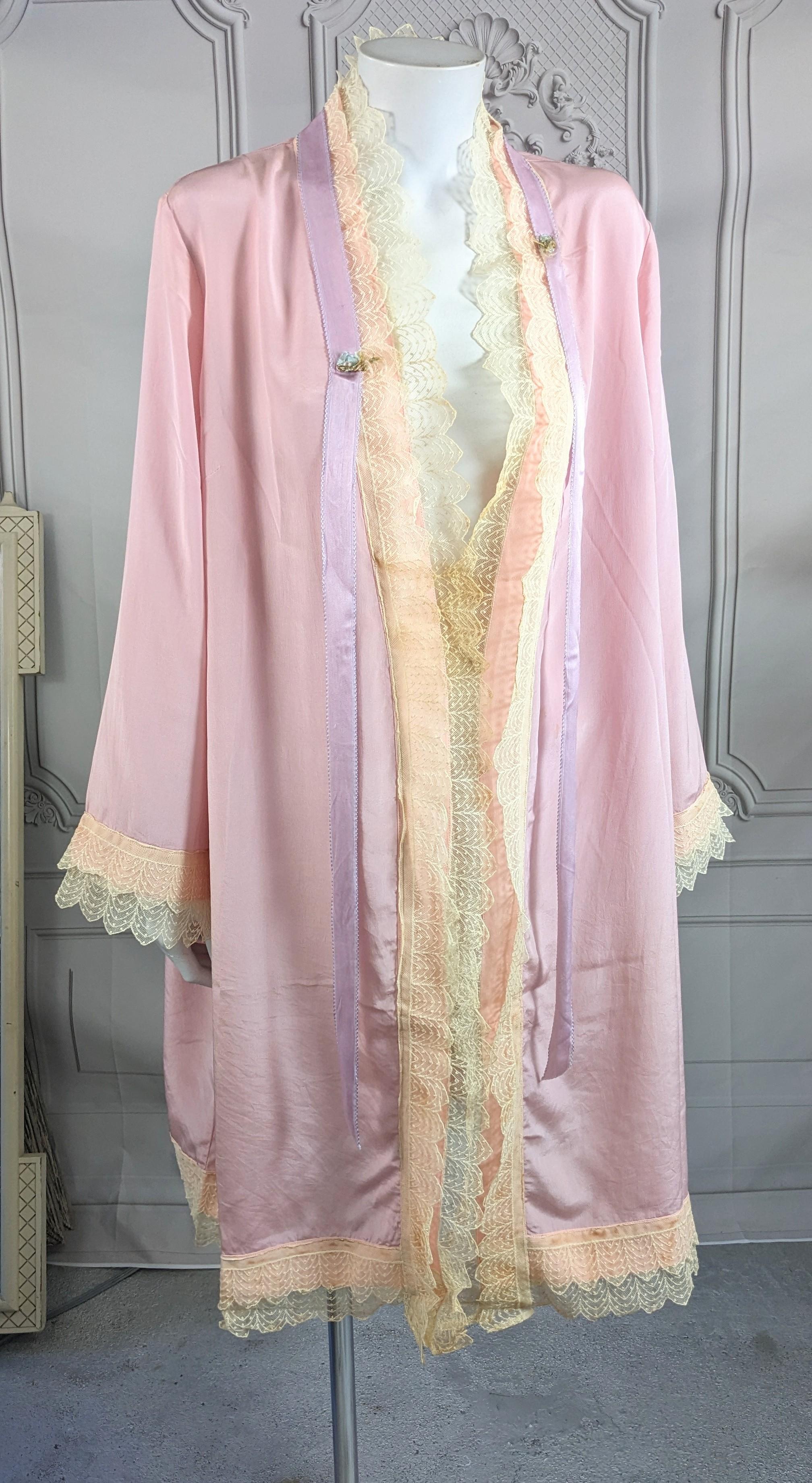 Beige Art Deco Silk Crepe Lace Trimmed Dressing Robe For Sale