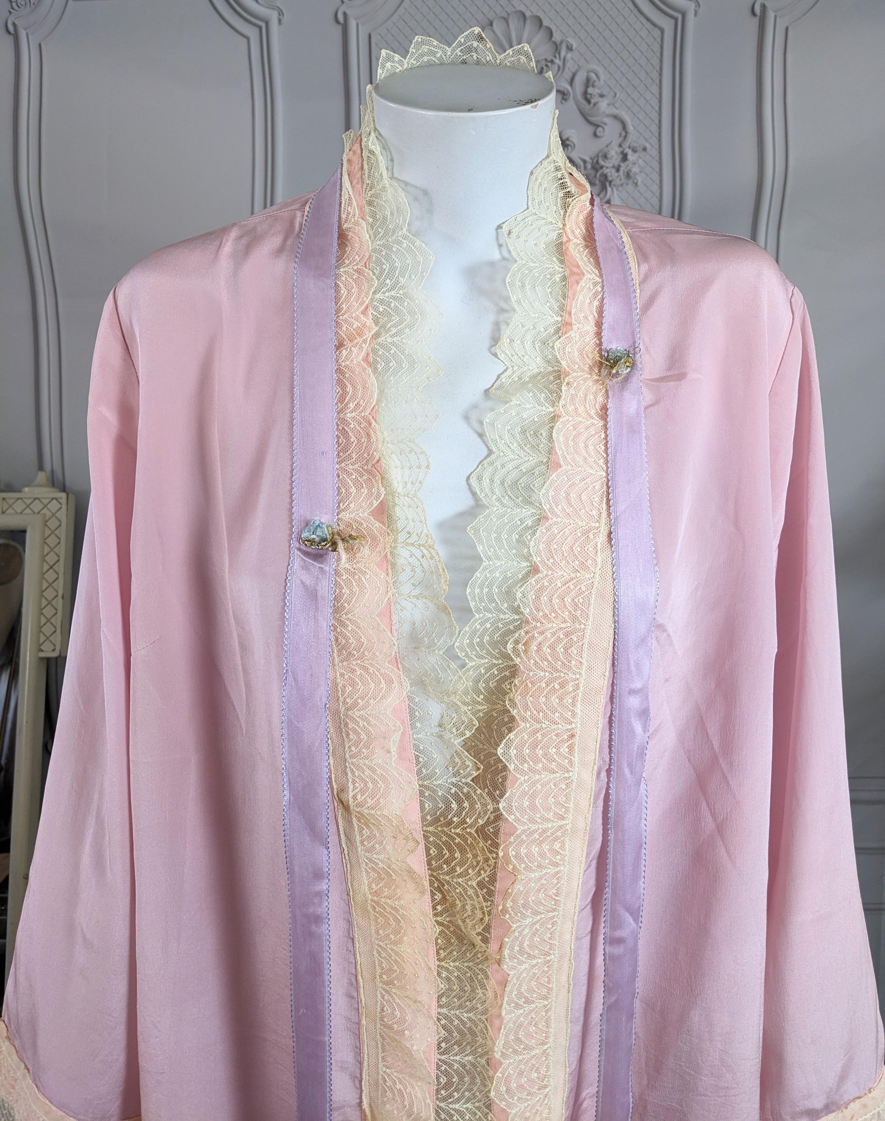 Women's or Men's Art Deco Silk Crepe Lace Trimmed Dressing Robe For Sale
