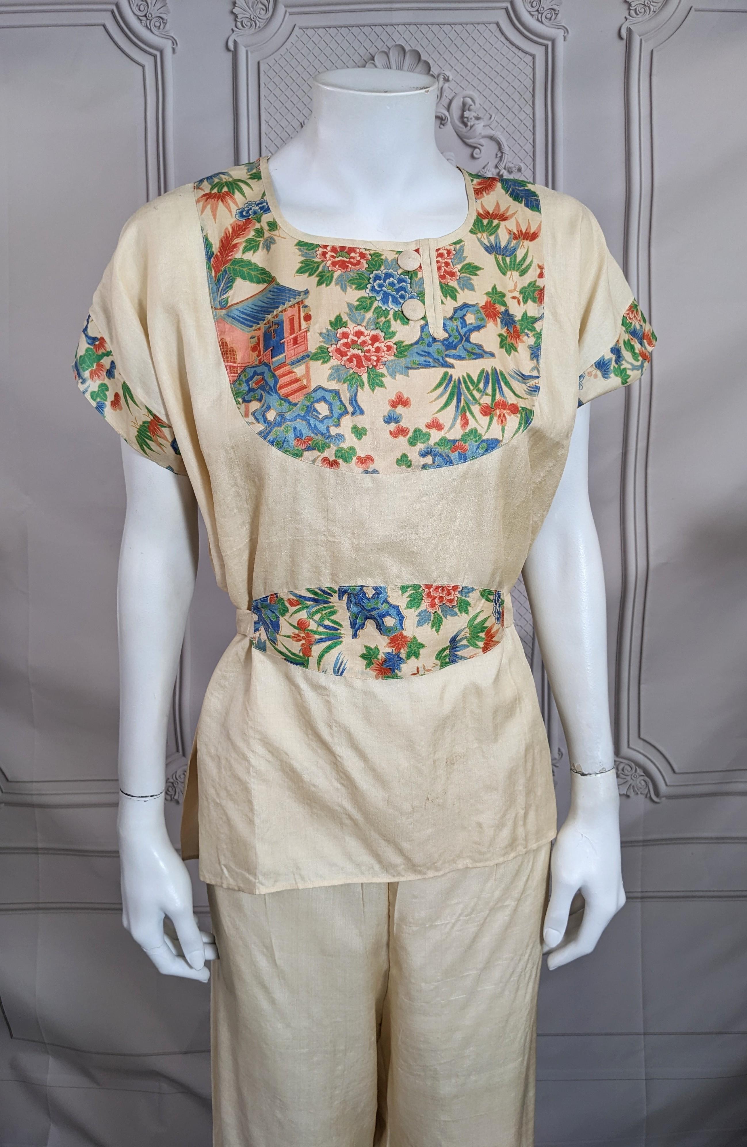 Pyjama de détente en soie Art déco, Japon Unisexe en vente