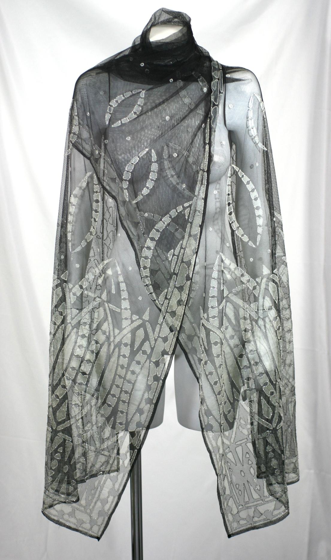 Art Deco Silk Tulle Beaded Shawl In Excellent Condition For Sale In New York, NY