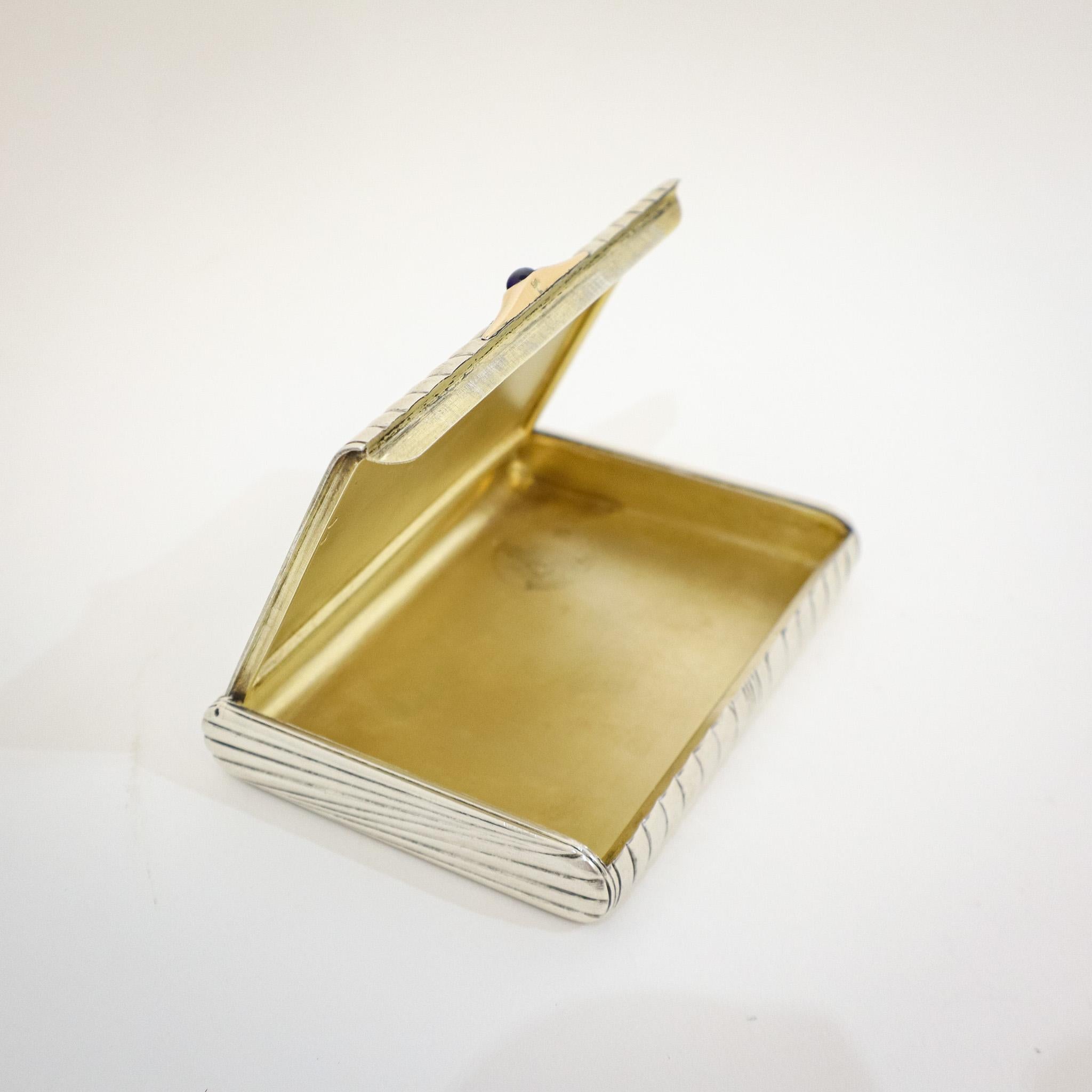 An absolutely stunning example from the great silversmiths of St Petersburg. The case has some wonderful Art Deco styling with a 14 ct gold gilded interior and mount with a fabulous blue cabochon. Truly one for the serious collector.

- Highly