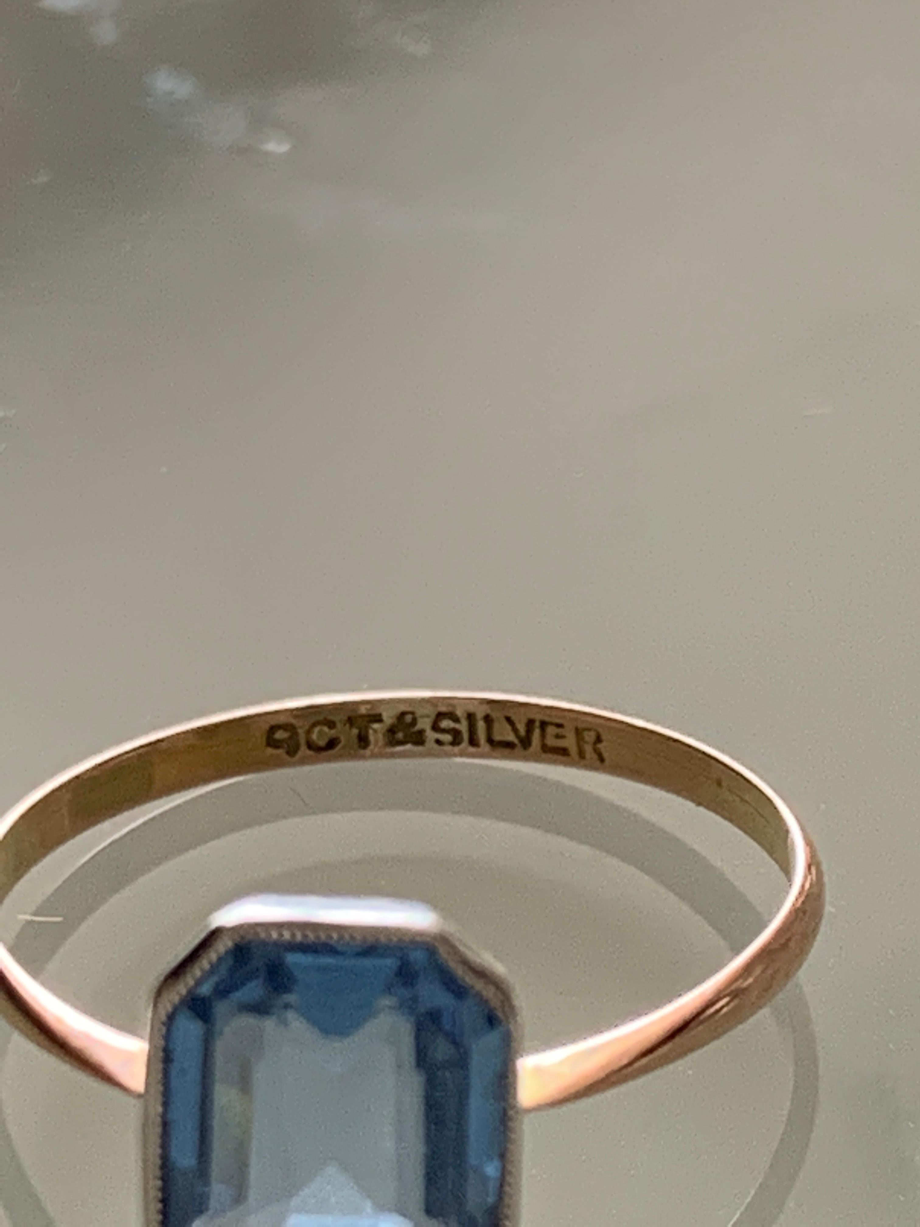 Women's or Men's Art Deco Silver and 9ct Gold Aqua Marine Gemstone Ring