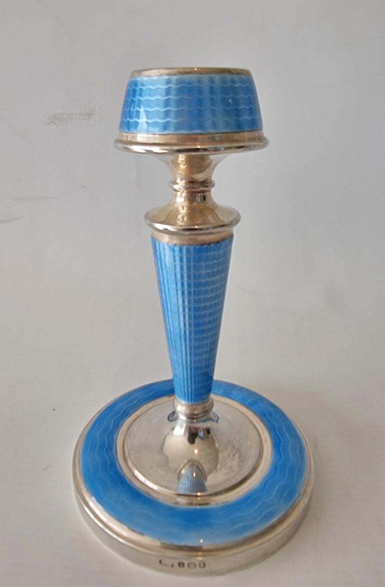 English Art Deco Silver and Blue Guilloche Enamel Candlesticks For Sale