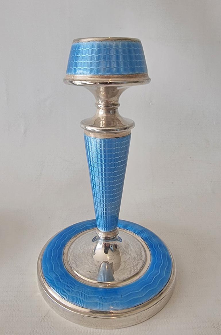 Art Deco Silver and Blue Guilloche Enamel Candlesticks In Good Condition For Sale In London, GB