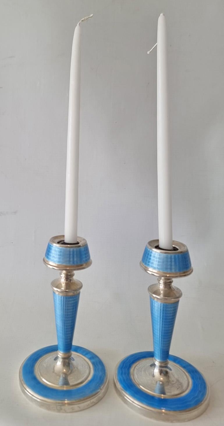 Mid-20th Century Art Deco Silver and Blue Guilloche Enamel Candlesticks For Sale