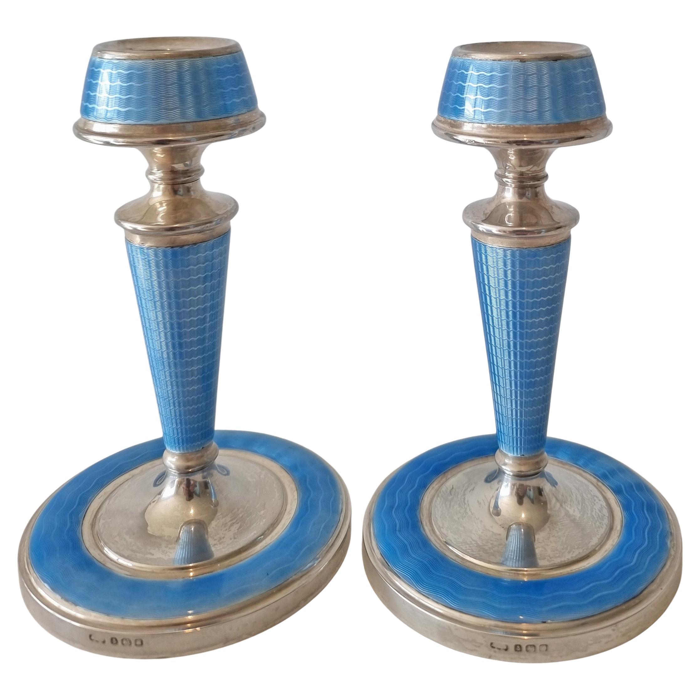 Art Deco Silver and Blue Guilloche Enamel Candlesticks For Sale