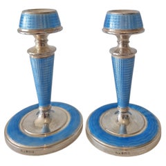 Art Deco Silver and Blue Guilloche Enamel Candlesticks