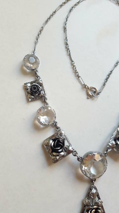 Art Deco Silver and Crystal Roses Necklace