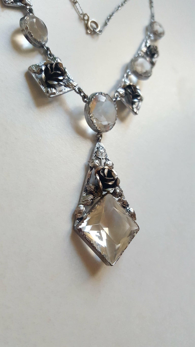 Art Deco Silver and Crystal Roses Necklace For Sale at 1stDibs