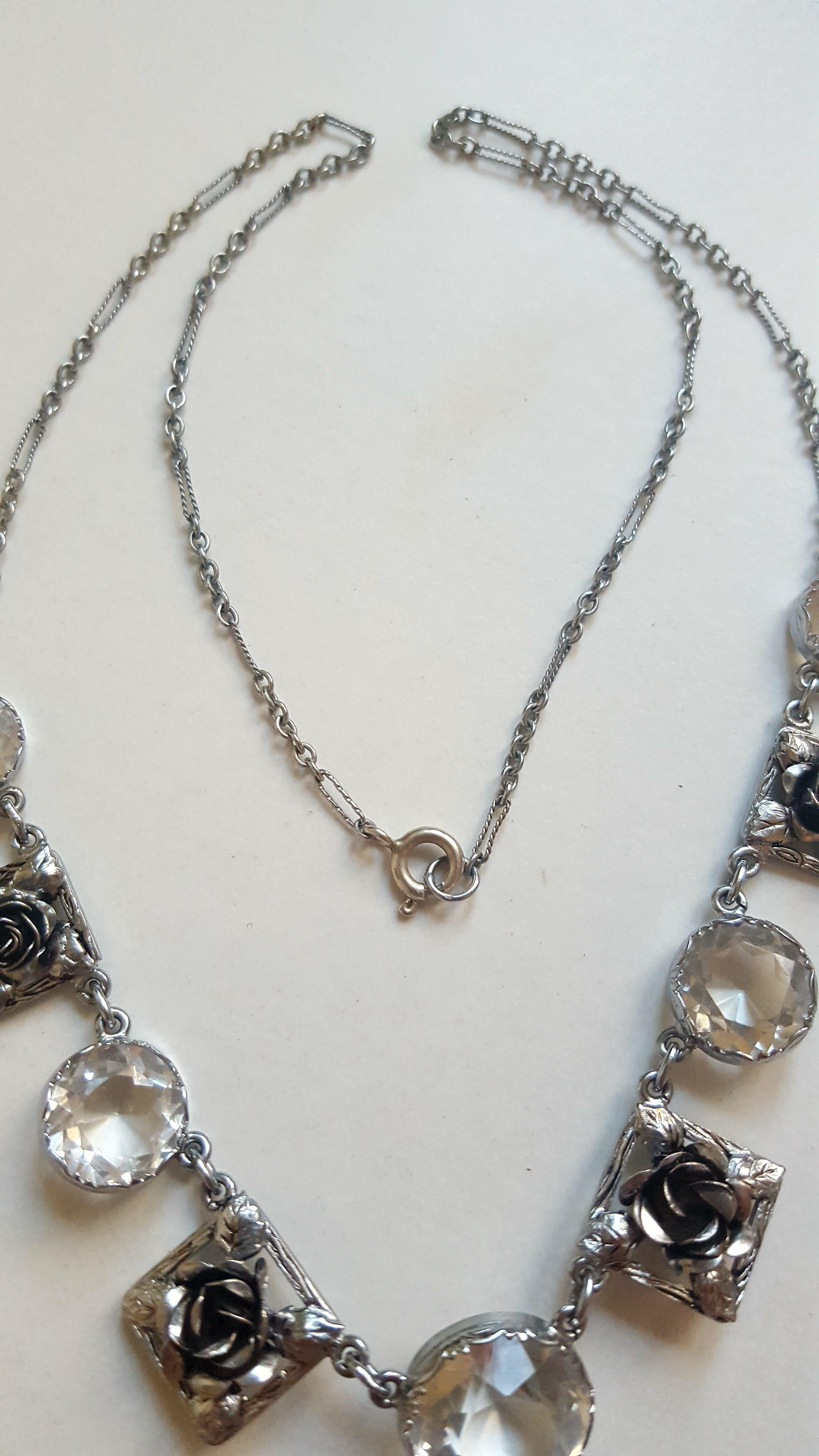 Mixed Cut Art Deco Silver and Crystal Roses Necklace For Sale