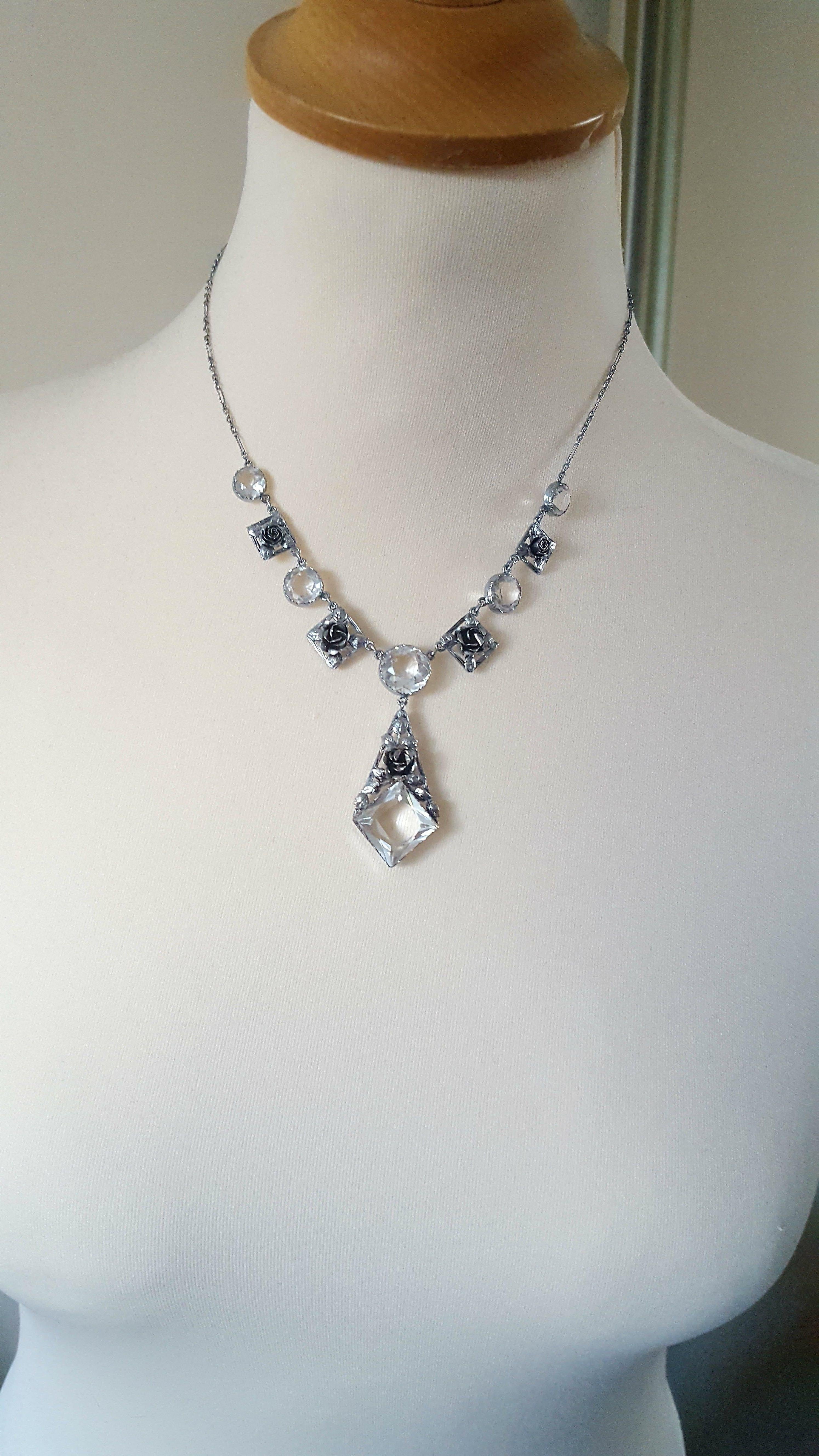 Women's Art Deco Silver and Crystal Roses Necklace For Sale