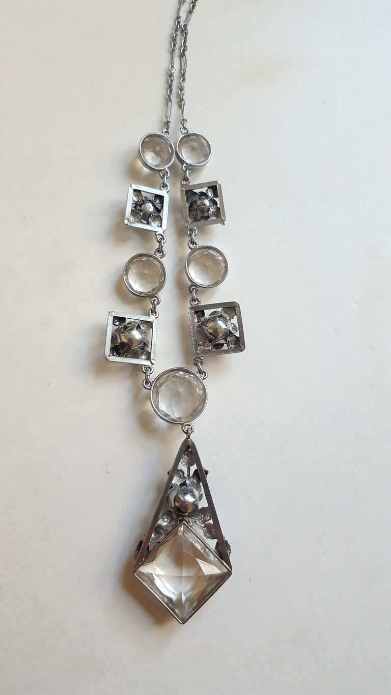 Art Deco Silver and Crystal Roses Necklace For Sale at 1stDibs