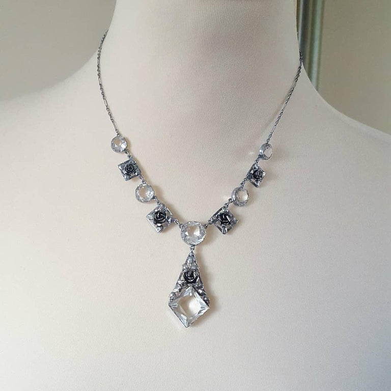 Art Deco Silver and Crystal Roses Necklace For Sale at 1stDibs