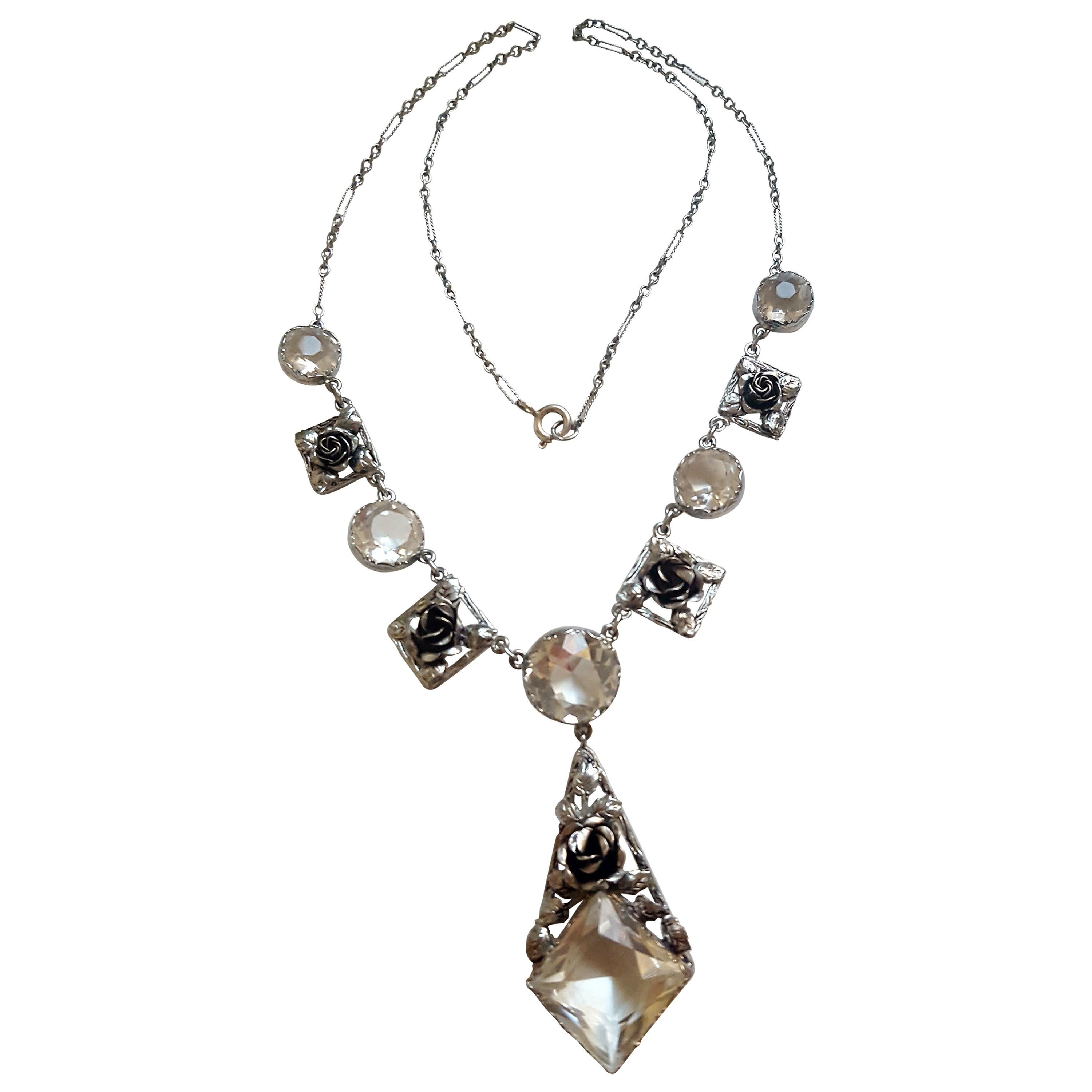 Art Deco Silver and Crystal Roses Necklace For Sale