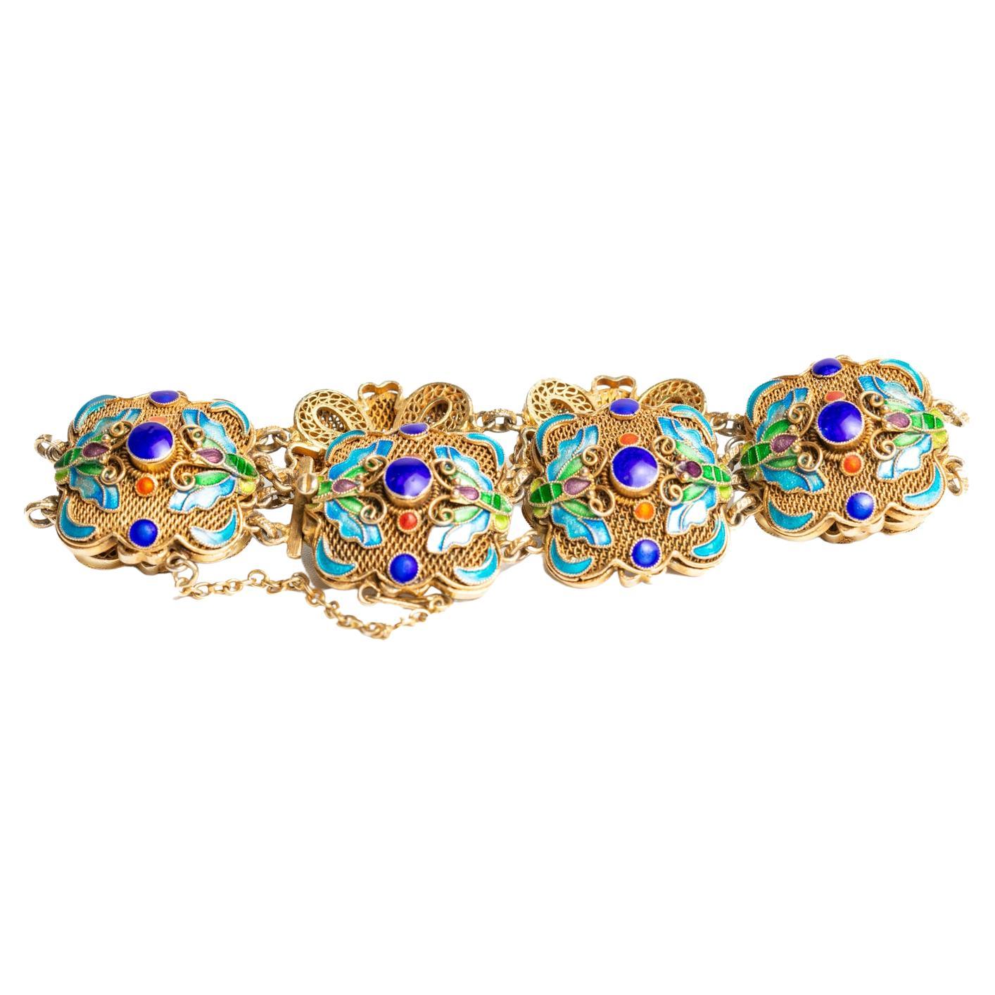 Wonderful Antique Chinese Export Silver Gilt & Enamel Bracelet decorated with a pair of turquoise and green butterflies on each panel separated with cobalt and orange enamel dots. The piece is richly colorful and vibrant. Stamped 'SILVER' on the